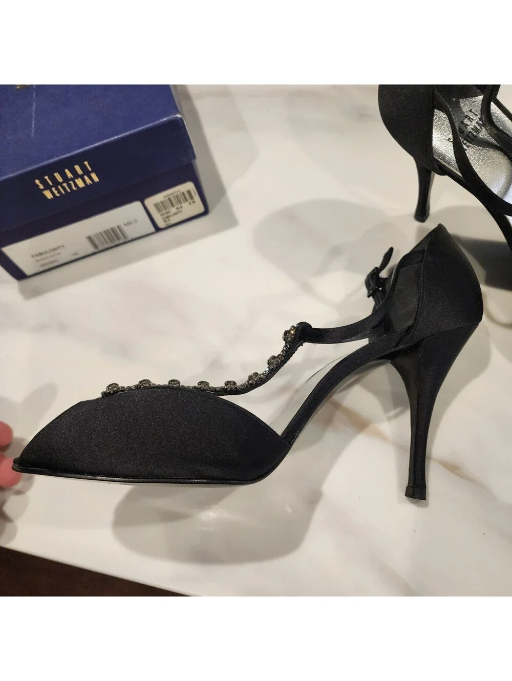 New Stuart Weitzman Fabulosity Black Satin Crystal T-Strap Heels Size 9